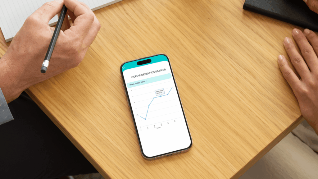 Celular mostrando gráficos e relatórios digitais para análise estatística na terapia ABA.