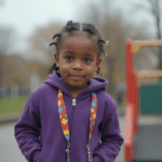 Criança sorrindo com cordões do autismo, em um parquinho.