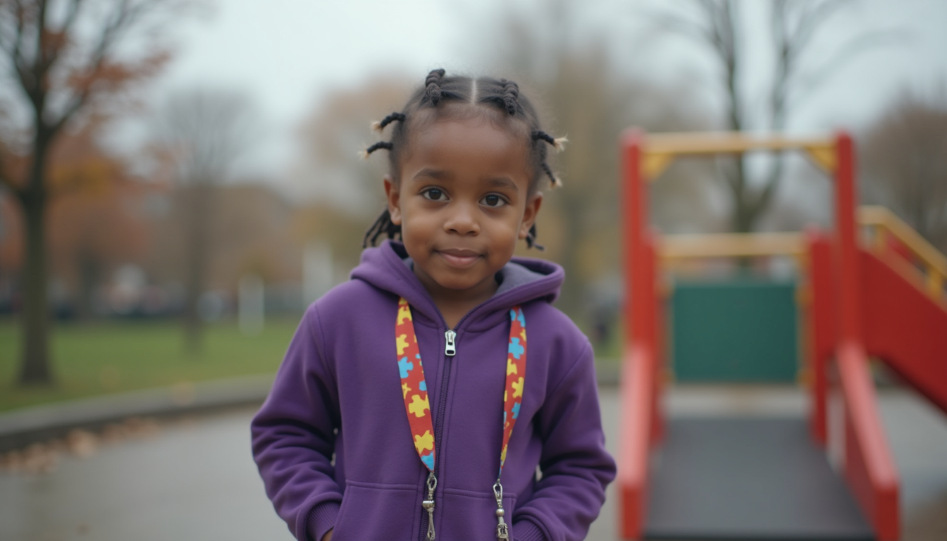 Criança sorrindo com cordões do autismo, em um parquinho.