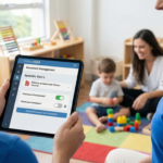 A imagem ilustra o uso do software CollectABA em um ambiente clínico de Análise do Comportamento Aplicada (ABA). Em primeiro plano, uma terapeuta demonstra a funcionalidade de controle de privacidade no tablet, definindo quem tem acesso a um relatório sensível (profissionais versus familiares), garantindo a conformidade com a LGPD. Ao fundo, o ambiente acolhedor da clínica com outra profissional e uma criança reforça que a tecnologia e a segurança dos dados caminham lado a lado com o cuidado humanizado.