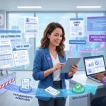 Uma imagem composta e futurista que ilustra o processo de faturamento e conformidade de clínicas de autismo. No centro, uma mulher de blazer azul sorri e usa um tablet, interagindo com uma série de hologramas flutuantes e ecrãs digitais que mostram formulários, documentos e gráficos de dados. Os ecrãs apresentam os códigos CID AUTISMO (F84) e CID-11 6A02, além de termos como LAUDO ABA, CONFORMIDADE e PRONTUÁRIO DIGITAL. À direita, um homem de camisa roxa trabalha num laptop que exibe gráficos estatísticos. Na parte inferior, um fluxo visual mostra uma barreira que impede documentos vermelhos marcados como "DENIED" de passar, enquanto documentos verdes e organizados fluem livremente, rotulados como FATURAMENTO APROVADO e SEM GLOSAS. O fundo é um escritório de clínica moderno e iluminado, com janelas, uma família e crianças sentadas num sofá e fotos emolduradas de crianças na parede. O ambiente é limpo e tecnológico, com fluxos de dados azuis e roxos.