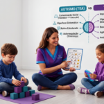 A imagem apresenta uma cena humanizada e acolhedora em um consultório clínico com estética clean e minimalista, destacando tons de roxo e azul-turquesa