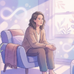 Ilustração digital em tons de roxo, azul e lavanda, mostrando uma mulher de cerca de 30 anos sentada de forma pensativa em uma poltrona confortável dentro de uma sala acolhedora e iluminada. Ela olha reflexiva em direção a uma janela à direita, em um ambiente repleto de plantas e livros. No ar e nas paredes, formas de luz natural e o símbolo da infinidade da neurodiversidade aparecem de maneira sutil e brilhante, transmitindo um clima de acolhimento e autodescoberta.